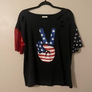 BiBi American Flag Peace Sign Tee XL Patriotic Red Sequin Sleeve Distressed Shir